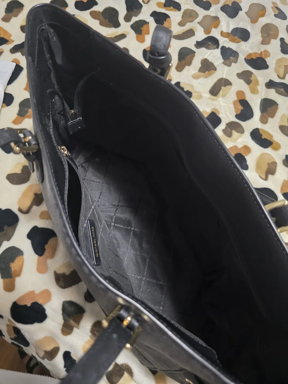 Michael Kors Black MK Logo Shoulder Tote with Gold Charm And matching wallet.